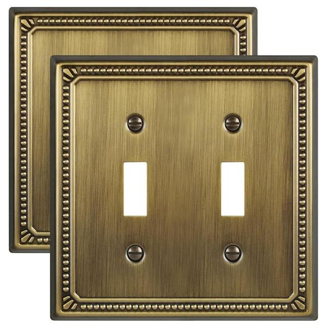 ZILLSEA Double Toggle Light Switch Covers, 2-Pack Metal Switch Plate Covers, Decorative Sunken Pearls Wall Plates, 2-Gang, Antique Brass, 4.96''*4.88'', Midsize