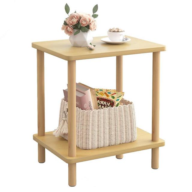 Fixwal Side Table 2-Tier Tall End Table with Storage Rack Wooden Nightstand Bedside Table for Living Room Bedroom Office No-Tool Assembly Natural