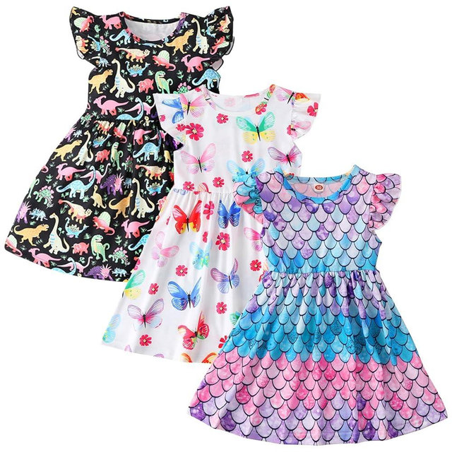 Cozystep Toddler Little Girls Casual Dresses Short Sleeve Crew Neck Graphic Cartoon Dress for 2-8 Years