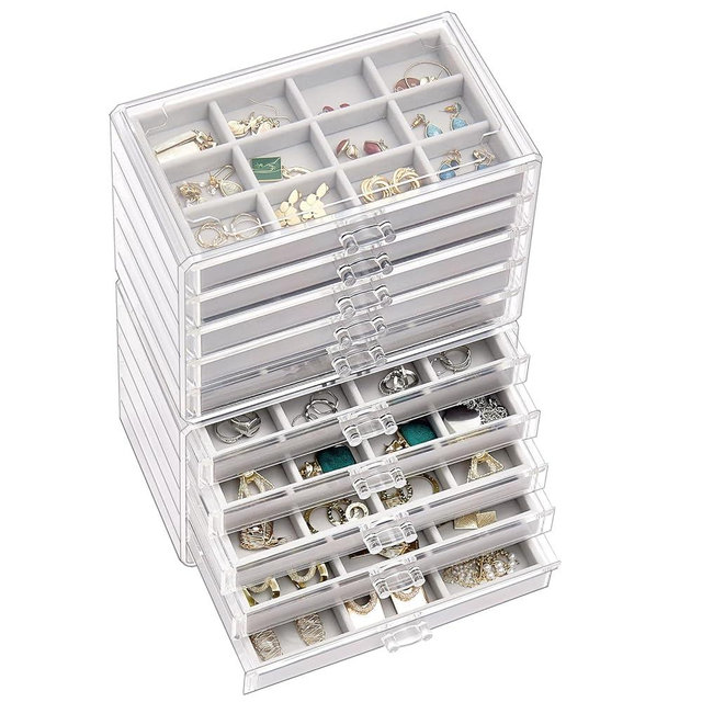 ProCase Earring Holder Organizer Jewelry Box with 10 Drawers, Acrylic Clear Earring Case with Adjustable Velvet Trays for Women - Grey, 10 Layers