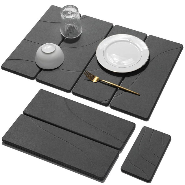 2 PCS Large Stone Dish Drying Mat for Kitchen Counter Quick Dry Stone Dishes Mats Marbled Water Absorbing Diatomaceous Earth Drying Pad for Countertop Bottles Utensils Cups (Carved Gray 24"x16"&8"x4")