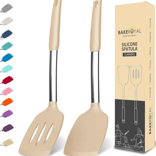 BakeRoyal Silicone Spatula Set - Turner Spatulas Silicone Heat Resistant 600°F - Slotted & Solid Silicone Spatulas for Cooking Fish, Eggs, Pancakes Flipper – Silicone Cooking Utensils Set – Beige