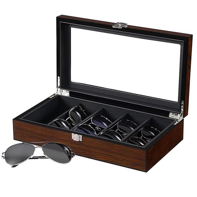 BEWISHOME Sunglasses Case, 5 Slot Sunglasses Organizer for Women Men, Eyeglasses Storage Box with Clear Glass Top, Smooth Faux Leather Interior, Brown SSH05Y