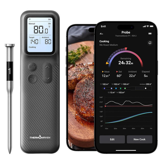 ThermoMaven Smart Bleutooth Wireless Meat Thermometer, Standalone Base, WiFi Unlimited Range, NIST Certified Accuracy, Smart App Alerts for Grill, Oven, Smoker, BBQ, Gray