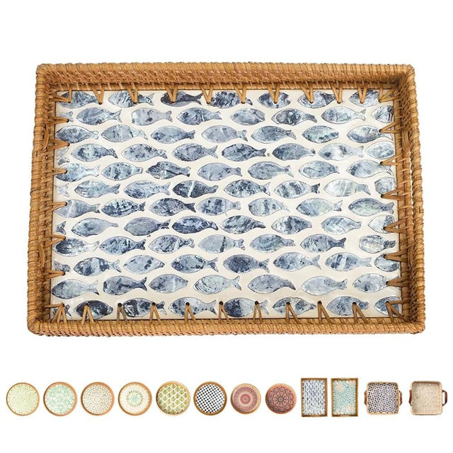 Tynulox 13" × 9" Rattan Tray with Mother of Pearl Inlay Wooden Base | Rectangle Woven Wicker Tray | Coffee Table Tray for Storage Display Bread Fruit Breakfest