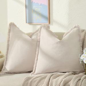 ZWJD Pillow Covers 22x22 Set of 2 Beige Throw Pillow Covers with Fringe Chic Cotton Decorative Pillows Square Cushion Covers for Sofa Couch Bed Living Room Farmhouse Boho Decor