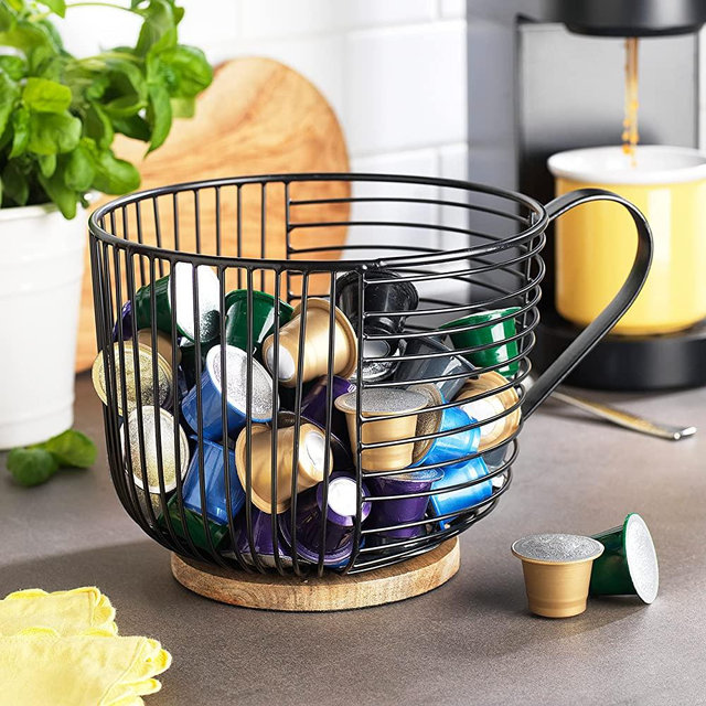 Coffee Pod Holder - Large Capacity Black Wire Kup Storage with Wooden Base - Modern Coffee Basket Decor for Kitchen Countertop for Pods & Espresso Capsules