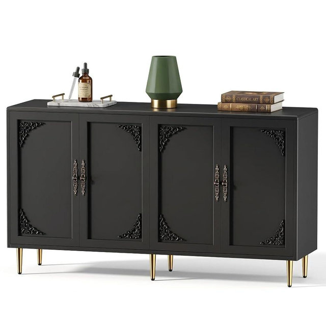 AUN Black Accent Cabinet with Art Deco Carving & Gold Hardware, 57.87" Wide Sideboard Buffet with Adjustable Shelves, 200lb Capacity Storage Cabinet for Living Room, Dining Room, Kitchen,Coffee Bar