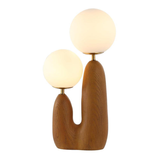 JONATHAN Y JYL4065A Oda 17.75" 2-Light Modern Bohemian Resin/Iron/Frosted Glass Danish Cactus LED Table Lamp, Brown Wood Finish, for Living Room, Office, Bedroom