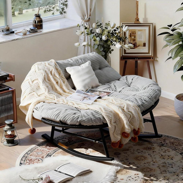 MUSUFIMIIX Patio Double Rocking Chair with Thick Cushion,Oversize Rattan Papasan Chair for 2, Egg Loveseat for Living Room, Patio, Garden, Backyard (Light Grey Plush Fabric)