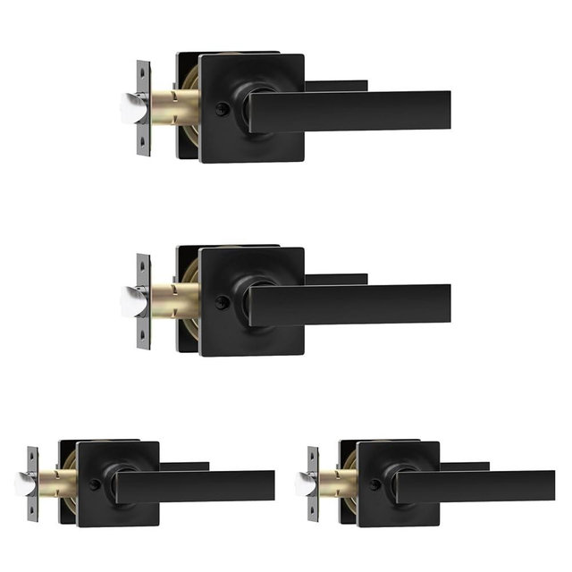 Voraus Matte Black Door Handle - 4 Pack Passage Door Levers, Heavy Duty Interior Door Handles for Closet and Hallway, No-Locking Keyless Square Door Knob, Reversible for Left or Right Side Doors