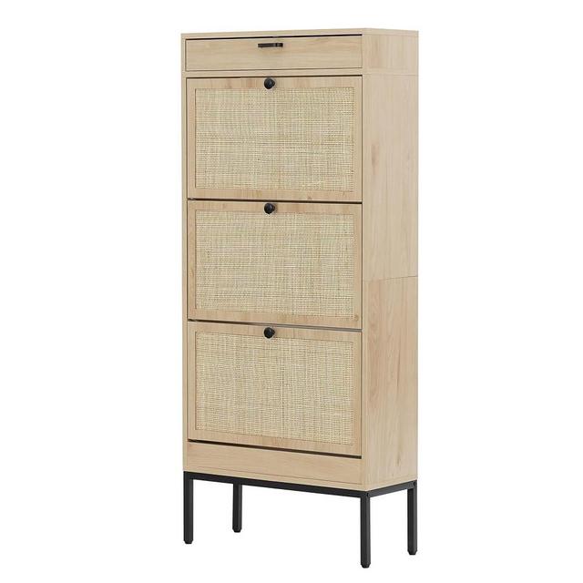 XIAO WEI Shoe Cabinet, Natural Rectangular Rattan Shoe Storage Organizer Cabinet with 3 Flip Drawers, Freestanding Shoe Rack with Adjustable Shelf for Entryway