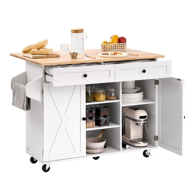 VEVOR Kitchen Island Cart, with Solid Wood Top and Storage Cabinet, Mobile Rolling Table with Drop Leaf, Drawers, Spice Towel Rack, Portable Islands on Swivel Wheels for Dining Room, 52in Width, White