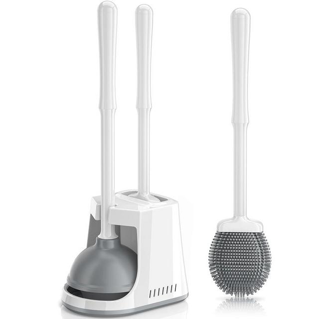 Toilet Plunger and Brush, Silicone Brush and Heavy Duty Toilet Plunger Set with Ventilated Holder, 2-in-1 Toilet Brush and Plunger Combo for Bathroom Cleaning-New Pack (White)