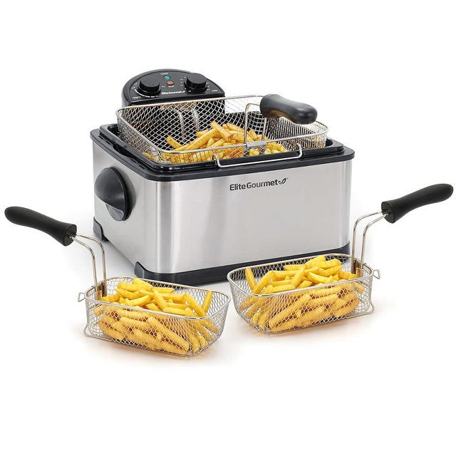Elite Gourmet EDF-401TXB Electric 4.5 Qt. / 17 Cup Immersion Deep Fryer 3-Baskets, 1700-Watt, Timer Control, Adjustable Temperature, Lid with Viewing Window and Odor Free Filter