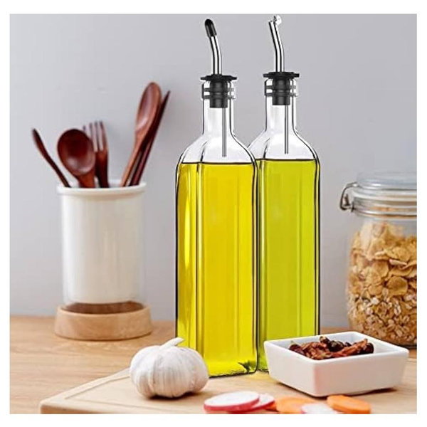 Olive Oil Dispenser Bottle, 2 Pcs Glass Olive Oil Dispenser and Vinegar Dispenser Set with 2 Stainless Steel Pourers, 4 Labels,1 Brush and 1 Funnel Oil Bottles for Kitchen (500ml)