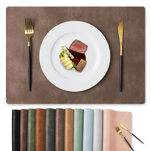MOSAYT Vinyl Placemats Set of 6-12 X 17 Inch - Faux Leather 100% Waterproof Oil-Proof Wipeable PU Place Mats, Heat Resistant Reversible Table Mats for Kitchen, Dining, Outdoor (Brown)
