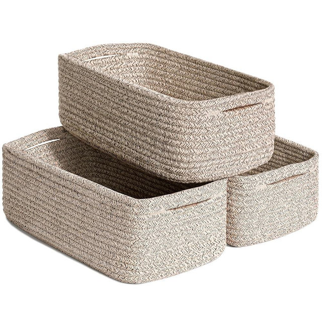 Goodpick Baskets for Organizing, 11 x 7 x 4.5 in, Baskets for Shelves, Toy Storage, Home Decor, Dorm Decor 3 Pack for Bathroom, White & Brown