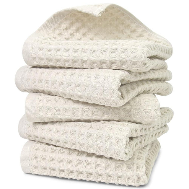Jacquotha Waffle Hand Towels 5-Piece (Mist White) – Cotton, Quick Dry, Lint Free, 13” x 29”