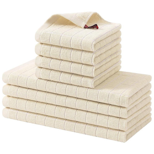 Homaxy Kitchen Towels and Dishcloths Set, 12 x 12 and 13 x 28 Inches, Set of 8 Bulk Cotton Terry Kitchen Towels Set, Checkered Designed, Soft and Super Absorbent Dish Cloths, Beige