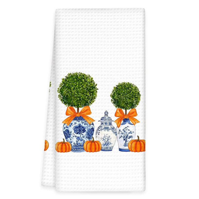 OINDADE Chinoiserie Fall Pumpkin Kitchen Towels, Blue and White Porcelain Fall Hand Towels, Orange Bow Pumpkin Dish Tea Towel for Kitchen Decor, Chinoiserie Autumn Bathroom Kitchens Decor, 16x24In