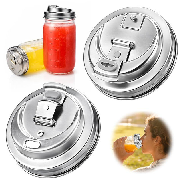 XUNWKONG Mason Jar Drinking Lids, Wide Mouth Stainless Steel Sip Lids for Iced Coffee, Smoothies & Cold Drinks, Leak Resistant Reusable Mason Jar Drink Lid, Heavy Duty Metal, 2 Packs