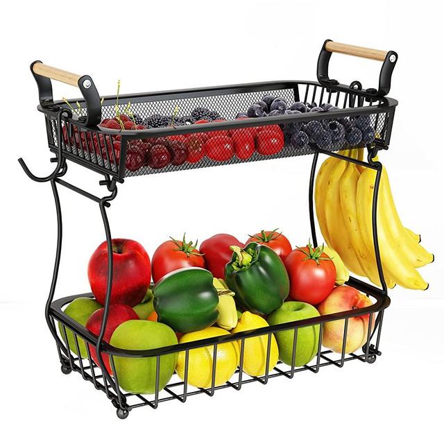 2 Tier Fruit Basket with 2 Banana Hangers, Countertop Fruit Vegetable Basket Bowl for Kitchen Counter Metal Mesh Basket Fruits Stand Produce Holder Organizer for Onion Potato Bread Snack Veggie