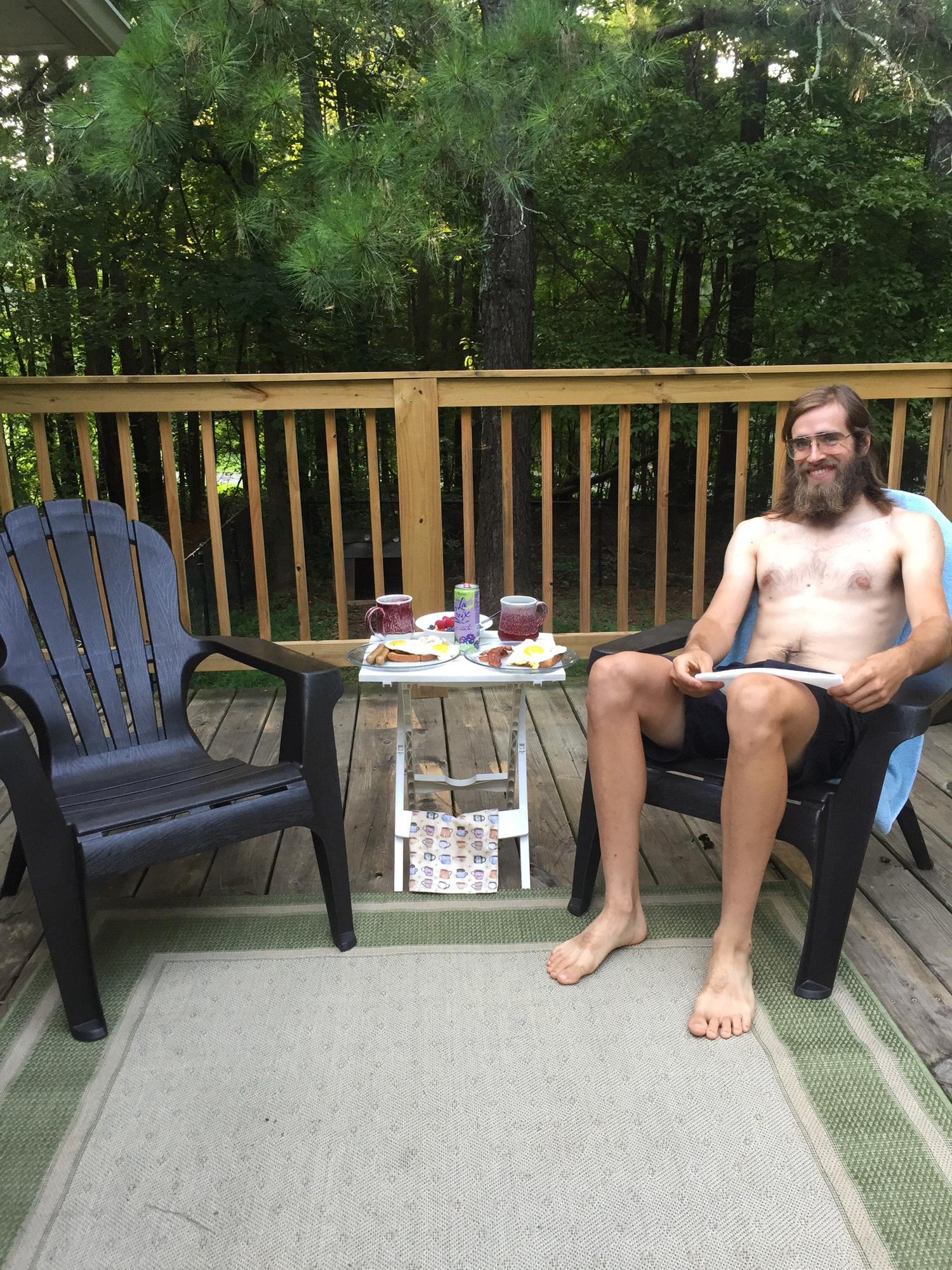 Our first weekend (?) in our new home. Breakfast on the deck.