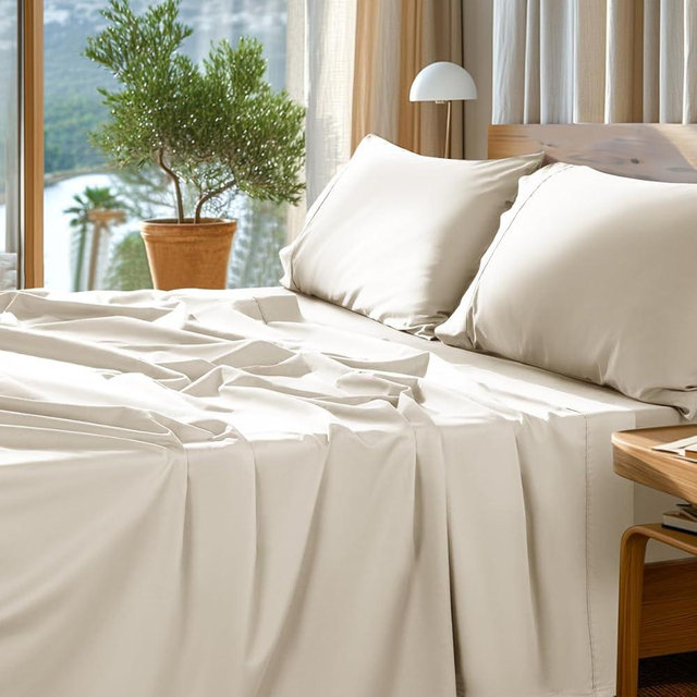 SONORO KATE 100% Egyptian Cotton Sheets Set - 1000 High Thread Count, Luxury 5-Star Hotel Sateen Bed Sheets, Soft, Breathable Long Staple Sheets, Fit up to 16" - 4 PC (Cream,Queen)