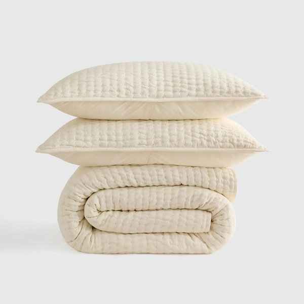European Linen Cotton Stitch Quilt Set - Ivory, King/Cal King