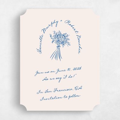 Blue Ticket Wedding Save the Date - Cerise Portrait