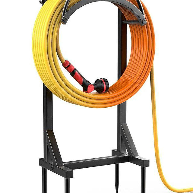 Garden Hose Holder and Hanger, Metal Water Hose Storage Stand, Upgraded Freestanding Water Hose Organizer Rack with 2 Tool Hooks for Outdoor Yards, Farms and Lawns, Black