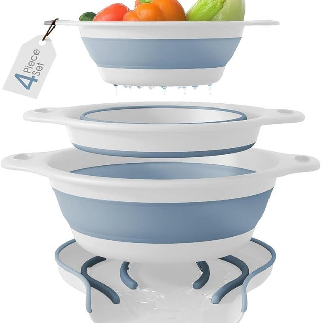 Gevoli Collapsible Colanders (3 Pack Set) Food Strainers with Over-Sink Water Draining Base for Pasta Fruits and Vegetables, White/Blue (3 Sizes, 3QT, 4QT and 5 Quart)