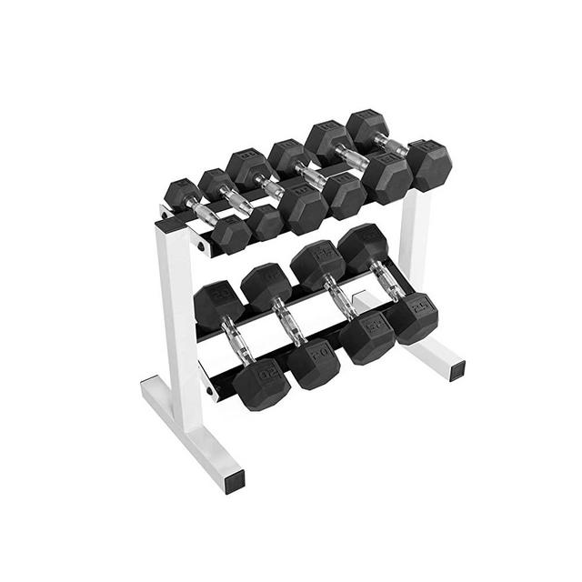 WF Athletic Supply 5-25Lb Rubber Coated Hex Dumbbell Set with Two Tier Storage Rack Non-Slip Hex Shape for Muscle Toning, Strength Building & Weight Loss - Multiple Choices Available