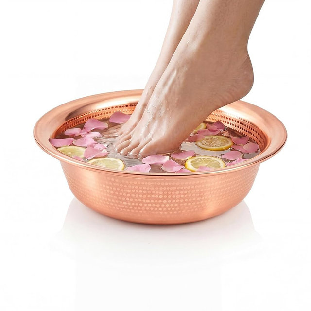 Ferrochef 16 Inch Hand-hammered Copper Foot Bath Bowl Handmade Traditional Copper Basin with Curled Edge for Home Spa Pedicure Soaking, Massage and Ceremonies Events