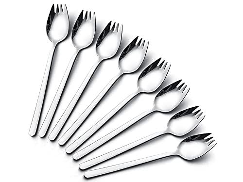 Sporks Stainless Steel, Salad Forks, IQCWOOD 8 Pack 18/10 Stainless Steel Sporks, 7.4 Inches Long Handle Dessert Spoons, Ice Cream Spoons Fork Reusable Fruit Appetizer Dessert Forks for Household Use