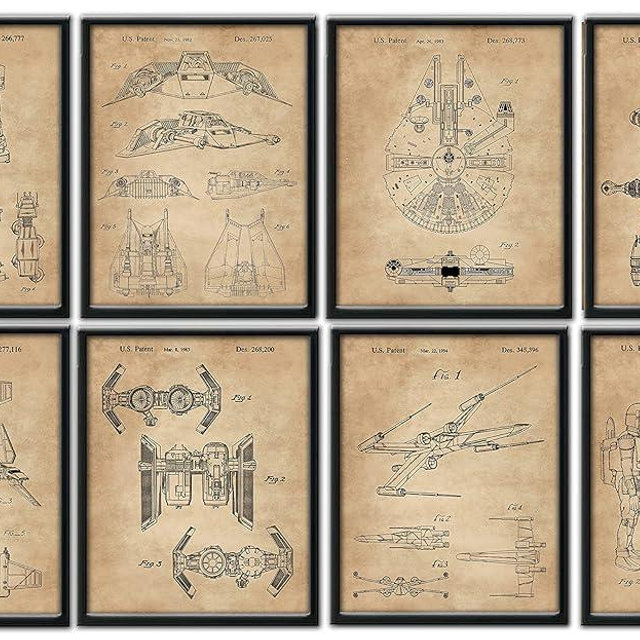 Set of 8 Framed Wall Art Prints (8x10) Men Boys Women Bathroom Bedroom Decor Movie Sci Fi Wars Comic-Con Man Cave Garage Retro Studio Student Decorations Vintage Framed