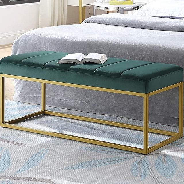24KF Jade Velvet Upholstered Tufted Channel Bench, Velvet Cushion with Golden Metal Frame -Jade/Golden