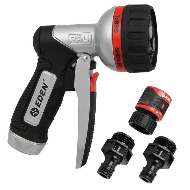 Eden 94833 Garden Hose Nozzle Heavy Duty Metal Water Hose Nozzle Sprayer w 6 Adjustable Spray Patterns High Pressure Hand Sprayer w Quick Connector Set for Watering Plants, Lawns