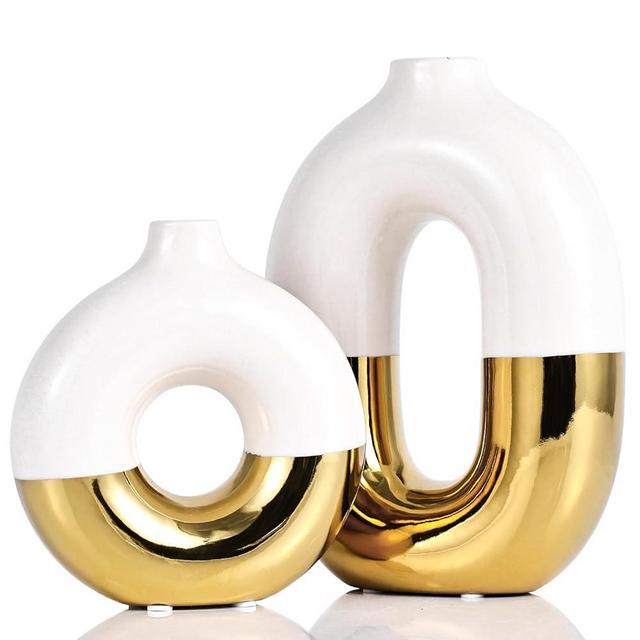 White and Gold Vase,Gold and White Vase Home Decor,Modern Decorative Small Vase,White Ceramic Flower vases for Bookshelf,Fireplace Mantle,Centerpieces,Farmhouse,Rustic Décor