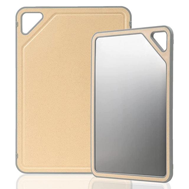 Holymood Double Sided Cutting Board with Juice Groove, Dishwasher Safe, 15.7 x 11 Inch, Stainless Steel and Wheat Straw Chopping Board with Easy Grip Handle, BPA Free, Knife friendly