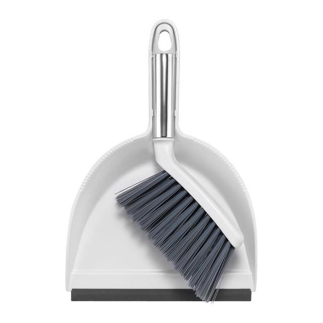 NACENA Mini Broom and Dustpan Set, Small Dust Pan and Brush Set with Handle Dustpan Teeth for Cleaning Hair Suitable for Office Desks Drawers Sofas Pet Care Outdoor Camping, White & Gray