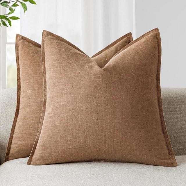 Foindtower Pack of 2, Decorative Linen Soild Throw Pillow Covers Soft Accent Cushion Case Boho Farmhouse Pillowcase for Chair Couch Sofa Bedroom Living Room Home Decor 22 x 22 Inch Light Khaki Brown