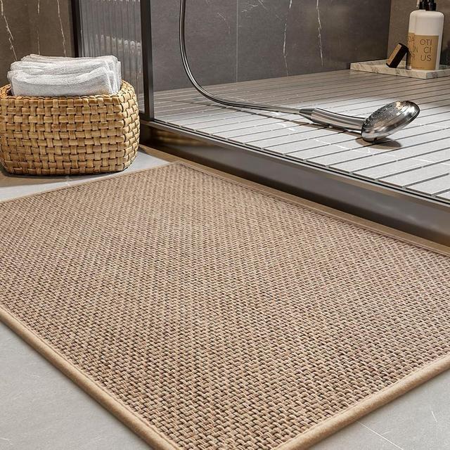 PADOOR Non-Slip Bath-Mats for Bathroom, Rubber-Backing Braided Absorbent Bathroom Mat Machine Washable Thin Bathroom Rugs Fit Under Door Quick Dry Bath Rugs for Bathroom Floor, 20x32 Beige