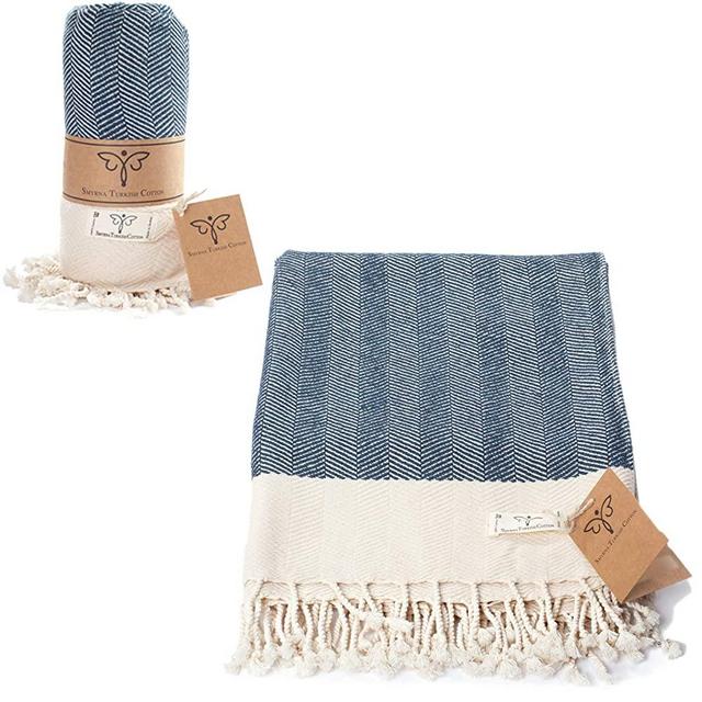 Smyrna Original Turkish Throw Blanket Herringbone Series | 100% Cotton, 50 x 60 Inches | Vintage Boho Throw Blankets for Couch, Sofa, Bed, Farmhouse and Home Decor | Lightweight and Super Soft (Navy)