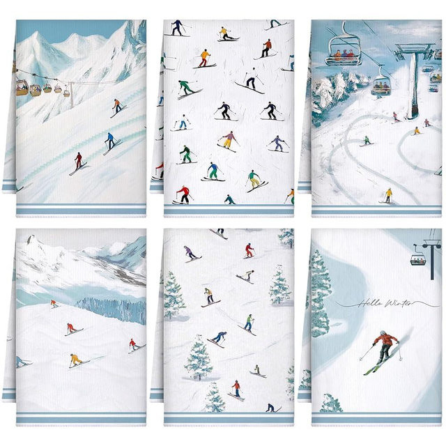 Preboun 6 Pcs Winter Ski Kitchen Towels Winter Decorative Christmas Hand Towels White Cold Color Ski Themed Dish Cloth Farmhouse Tea Cloth Kitchen Accessories Bathroom Decor Souvenir Gifts