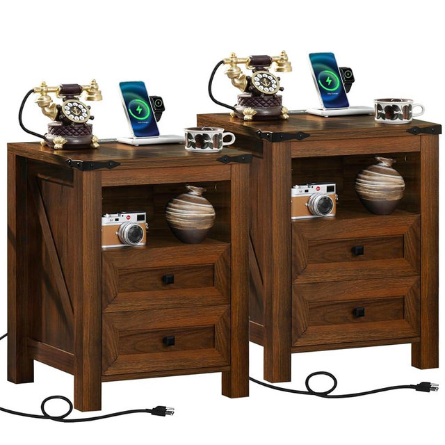 Joaxswe Nightstands Set of 2 with Charging Station, Farmhouse Side End Table with 2 Drawers and Open Shelf, Wood Rustic Sofa Table, Bedside Cabinet for Bedroom, Living Room, Closet, Office(Brown)