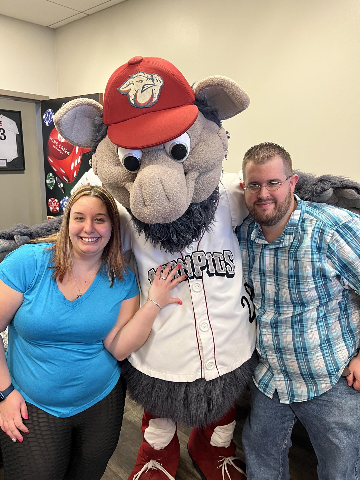Us celebrating our engagement one day after on 04/23/2022 with my full time job at Wind Creek at the Iron Pigs game in the suite!