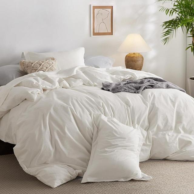 Bedsure 100% Washed Cotton Duvet Cover King Size - Cream Minimalist Cotton Duvet Cover Linen Like - 3 Pieces Plain Simple Cotton Duvet Cover Set with 2 Pillow Shams (Cream, King, 104"x90")