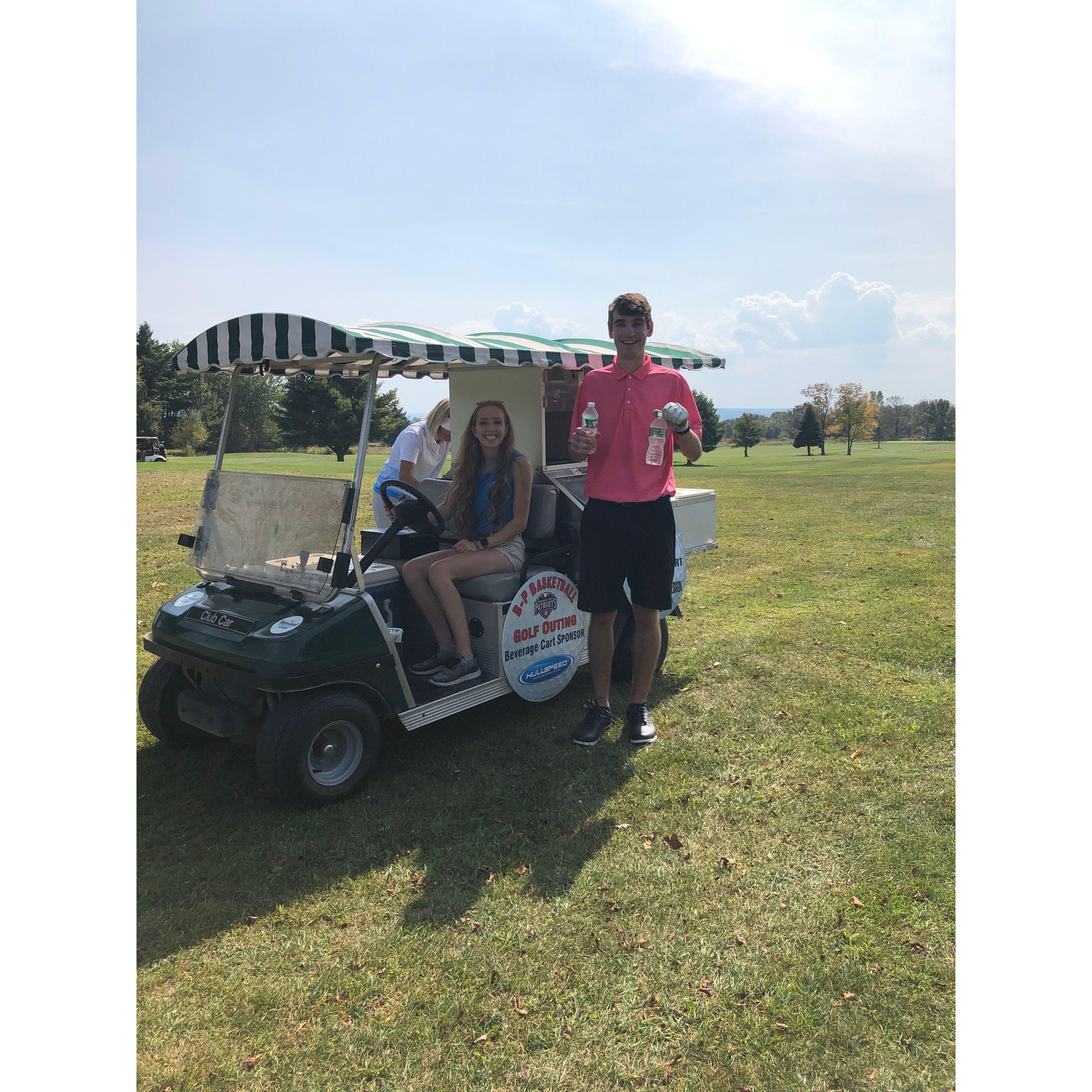 Noah golfing and Mallory on the beverage cart during a tournament at Fox Run.